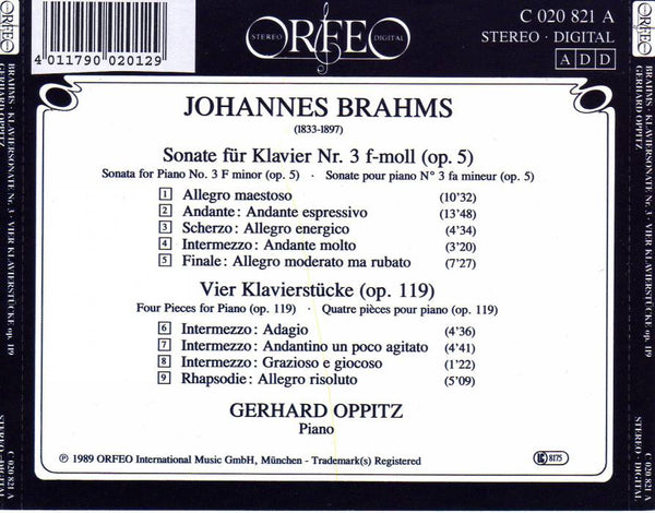 Brahms: Sonata No. 3. Pieces For Piano