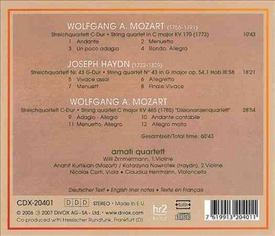 Mozart: String Quartets, KV 170 & KV 465. Haydn: String Quartet, No. 43