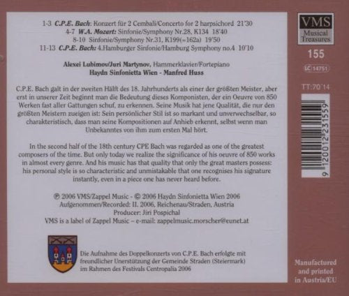 Mozart Symphonies 28 & 31. C.P.E. Bach Hamburg Symphony No.4 & Concerto For Two Harpsichords