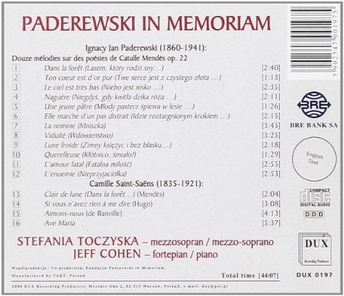 Paderewski In Memoriam - French Lieder by Paderewski & Saint-Saens