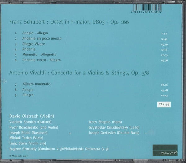 Schubert: Octet in F-major, D.803, op.166. Vivaldi: Concerto for 2 Violins & Strings, Op.3/8