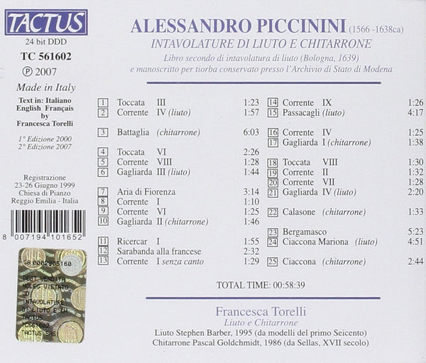 Alessandro Piccinini (1566-1638): Intavolature  di Liuto e Chitarrone