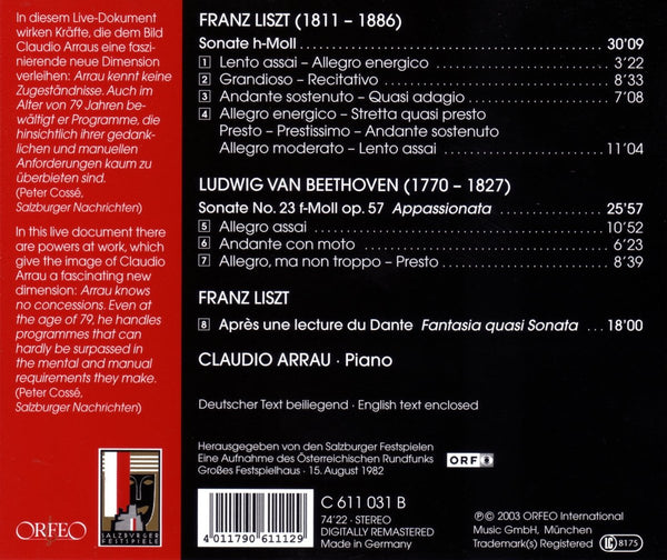 Claudio Arrau - Liszt: Sonate H-Moll; Beethoven: Sonate No. 23 F