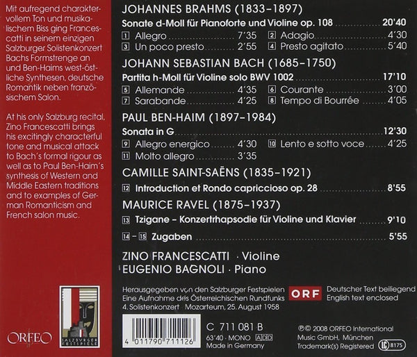 Zino Francescatti - Brahms; Bach; Ben-Haim; Saint-Saëns