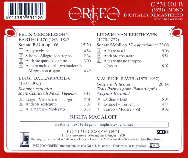 Nikita Magaloff  - Mendelssohn: Sonate Op. 106 Dallapiccola: Sonatina. Beethoven: Sonata, op. 57 "Appassionata", Ravel: Gaspard de la Nuit.