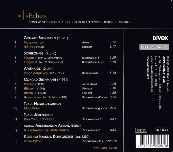 Echo: Music For Recorders & Aulos by Sophronios (7th century), Athenaios (2nd century) & Conrad Steinmann (b. 1951)