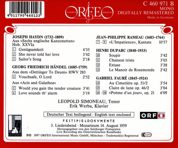 Leopold Simoneau - Selected Songs And Arias by Haydn, Händel, Rameau, Duparc & Fauré.