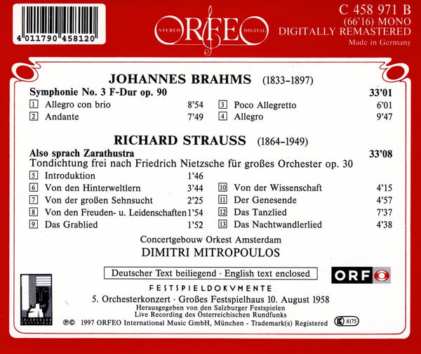 Brahms: Symphonie No. 3. R. Strauss: Also Sprach Zarathustra