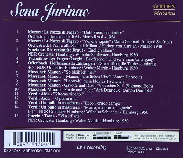 Sena Jurinac in Recital - Mozart,Offenbach, Tchaikovsky, Smetana, Massenet, Verdi, Puccini