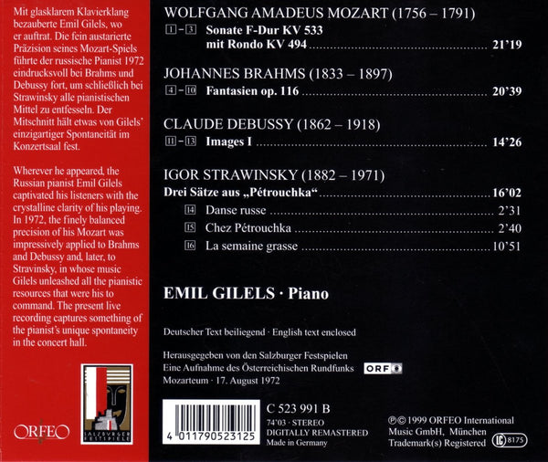 Emil Gilels -Mozart:  Sonats KV 533, KV 494 Brahms: Fantasien. Debussy: Images I