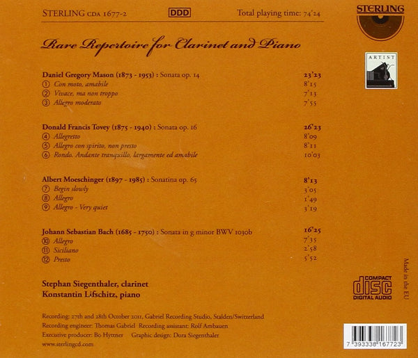 Rare Repertoire For Clarinet & Piano. Works by Bach, Moeschinger, Tovey & Mason.