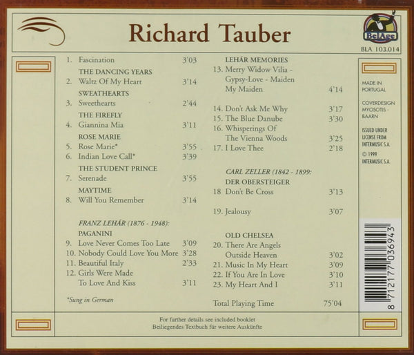 Richard Tauber - My heart and I. Excerpts from The Student Prince, Arias by Lehar, Zeller & Johann Strauss and Songs.