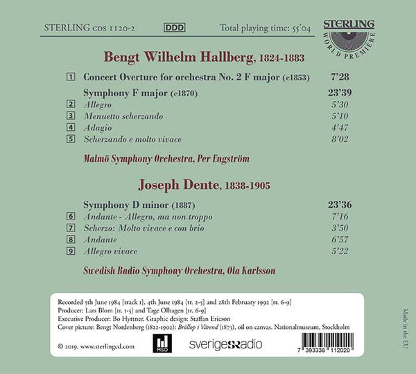 Joseph Dente (1838-1905): Symphpony  in D minor/ Bengt Wilhelm Hallberg (1824-83): Symphony in F major. Concert Overture.