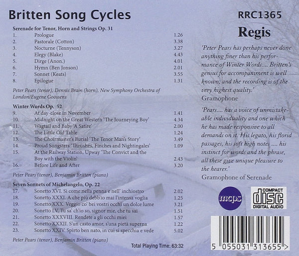 Britten Song Cycles: Serenade for Tenor, Horn & Strings, Op.31. Winter Words, Op.52. Seven Sonnets of Michelangelo. Op.22.