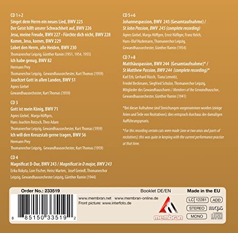 800 Years of St. Thomas' Choir Leipzig perform Bach's St. John Passion, BWV 245, St. Matthew Passion, BWV 244, Magnificat in D major, BWV 243. Various Cantatas & more.