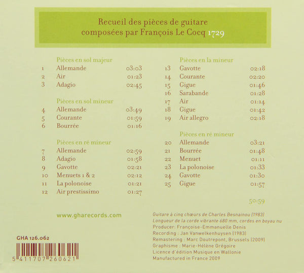 François Le Cocq: Recueil des pièces pour guitare, 1729