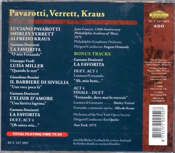 Pavarotti, Verrett, Kraus in Excerpts from La Favorita, Luisa Miller, Il Barbiere di Siviglia & L'Elisir d'amore.