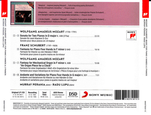 Mozart: Sonata for 2 Pianos In D major K. Fantasy, K. 609. Andante and Variations for Piano Four Hands, K501. Schubert.: Fantasia for Piano Four Hands, D. 940