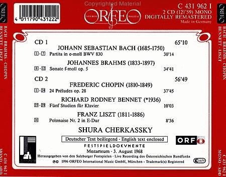 Shura Cherkassky Live Recital 1968 - Bach: Partita BWV 830. Brahms: Sonata, Op.5 Chopin: 24 Préludes, Op. 28. Bennet: 5 Études.